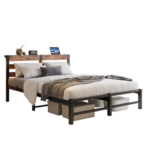 Lit Double 140×200 cm, LED Et Prises USB, Rangement Dessous, Métal Et Bois, Noir/brun