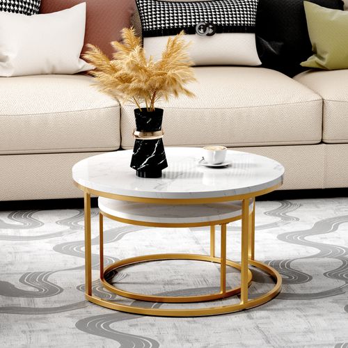 Table Basse Gigogne 2 Pièces - Tables Rondes Empilables Avec Plateau Mdf Facile à Nettoyer - Or