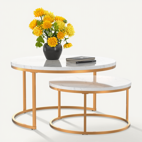 Table Basse Gigogne 2 Pièces - Tables Rondes Empilables Avec Plateau Mdf Facile à Nettoyer - Or