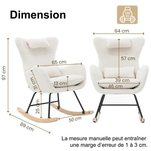 Fauteuil à Bascule Avec Accoudoirs - Chaise Berçante Design Avec Appui-tête - Blanc