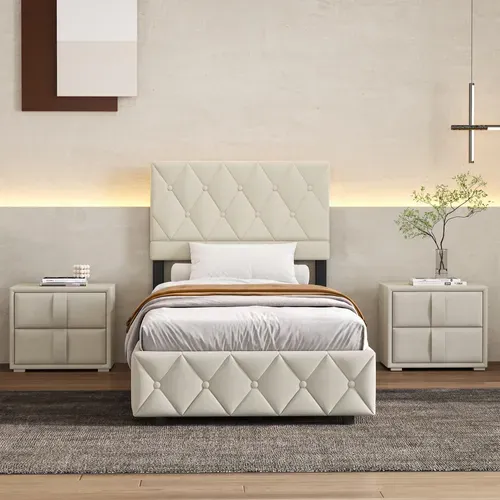 Lit Coffre 90x200 Cm - Boxspring En Velours Beige Avec Rangement Hydraulique