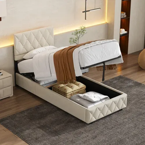 Lit Coffre 90x200 Cm - Boxspring En Velours Beige Avec Rangement Hydraulique