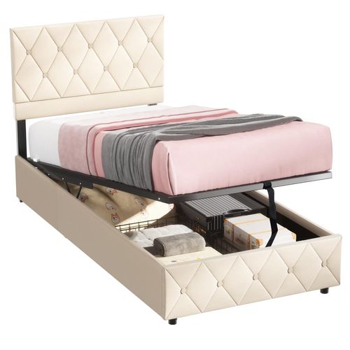 Lit Coffre 90x200 Cm - Boxspring En Velours Beige Avec Rangement Hydraulique