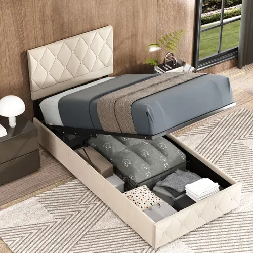 Lit Coffre 90x200 Cm - Boxspring En Velours Beige Avec Rangement Hydraulique