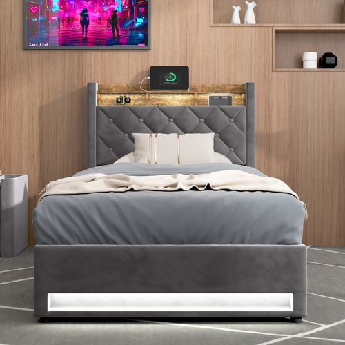 Lit Coffre 90x190 Cm - Hydraulique Avec Rangement, USB Et LED - Velours Gris Foncé