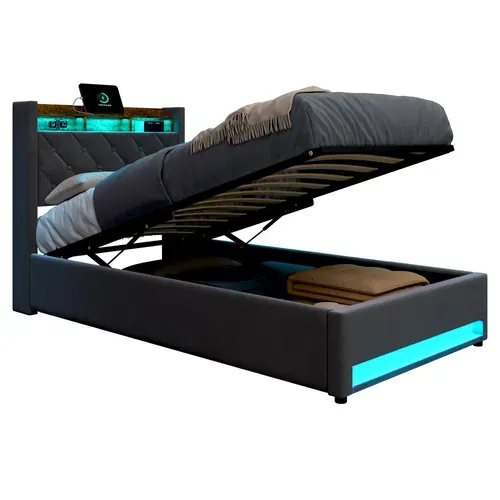 Lit Coffre 90x190 Cm - Hydraulique Avec Rangement, USB Et LED - Velours Gris Foncé