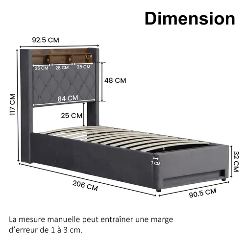 Lit Coffre 90x190 Cm - Hydraulique Avec Rangement, USB Et LED - Velours Gris Foncé