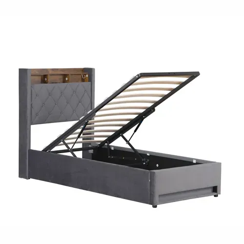 Lit Coffre 90x190 Cm - Hydraulique Avec Rangement, USB Et LED - Velours Gris Foncé