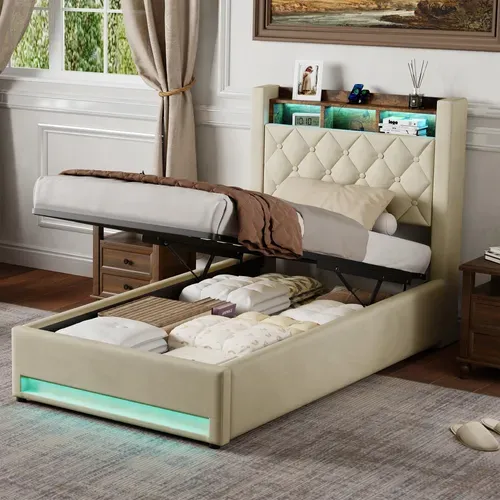 Lit Coffre 90x190 Cm - Lit Simple Capitonné Velours Gris Avec Rangement LED Et USB