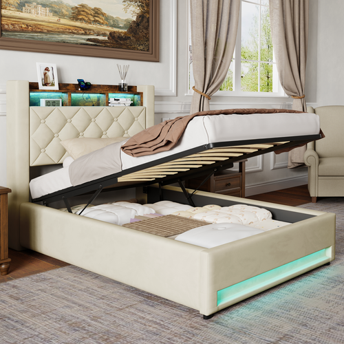 Lit Coffre 90x190 Cm - Lit Simple Capitonné Velours Gris Avec Rangement LED Et USB