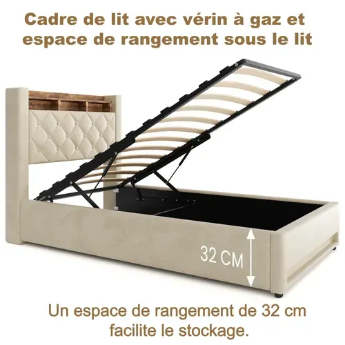 Lit Coffre 90x190 Cm - Lit Simple Capitonné Velours Gris Avec Rangement LED Et USB