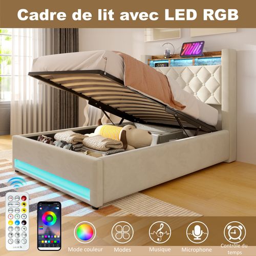 Lit Coffre 90x200 Cm - Lit Simple Capitonné Velours Gris Avec Rangement LED Et USB