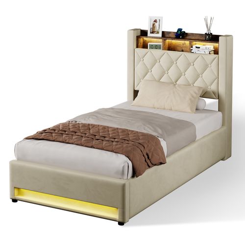 Lit Coffre 90x200 Cm - Lit Simple Capitonné Velours Gris Avec Rangement LED Et USB