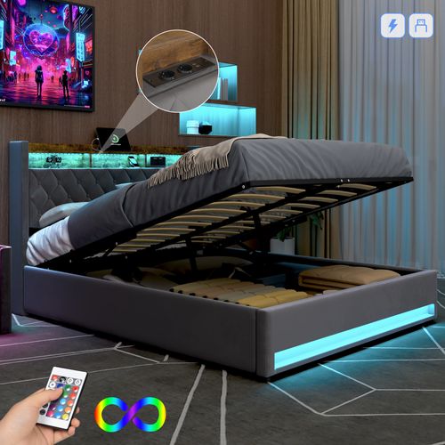 Lit Coffre Hydraulique 160x200 Cm Avec Rangement, USB Et LED - Velours Gris Foncé
