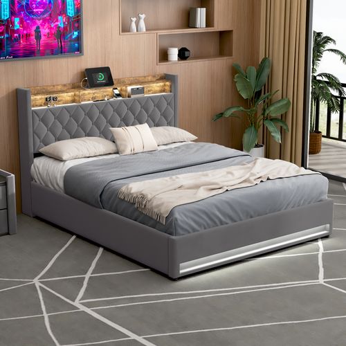 Lit Coffre Hydraulique 160x200 Cm Avec Rangement, USB Et LED - Velours Gris Foncé