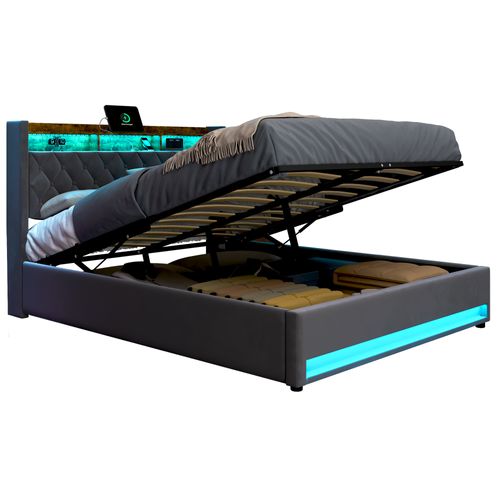 Lit Coffre Hydraulique 160x200 Cm Avec Rangement, USB Et LED - Velours Gris Foncé