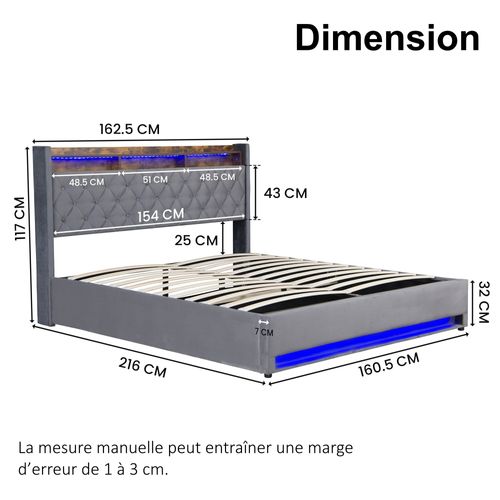 Lit Coffre Hydraulique 160x200 Cm Avec Rangement, USB Et LED - Velours Gris Foncé