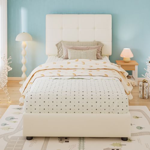Lit Enfant 90x200 Cm Capitonné Avec Tête Douce Et Bordures Capitonnées, Pu/fer/contreplaqué - Beige