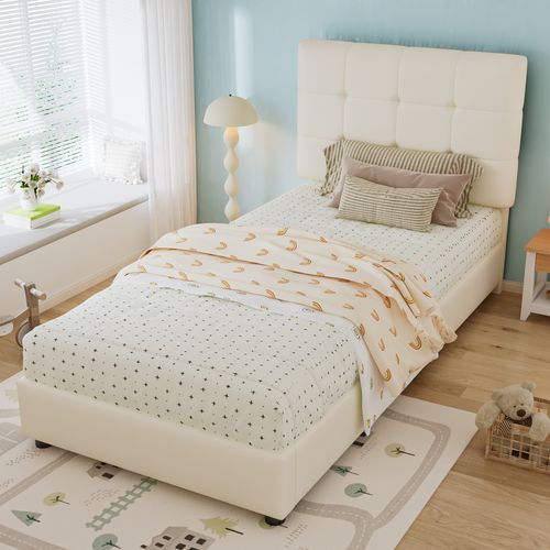 Lit Enfant 90x200 Cm Capitonné Avec Tête Douce Et Bordures Capitonnées, Pu/fer/contreplaqué - Beige