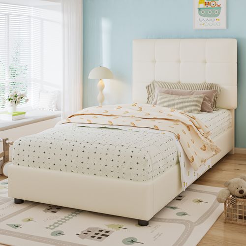 Lit Enfant 90x200 Cm Capitonné Avec Tête Douce Et Bordures Capitonnées, Pu/fer/contreplaqué - Beige