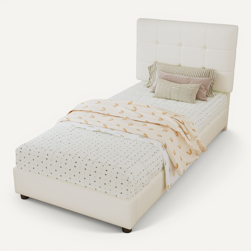 Lit Enfant 90x200 Cm Capitonné Avec Tête Douce Et Bordures Capitonnées, Pu/fer/contreplaqué - Beige