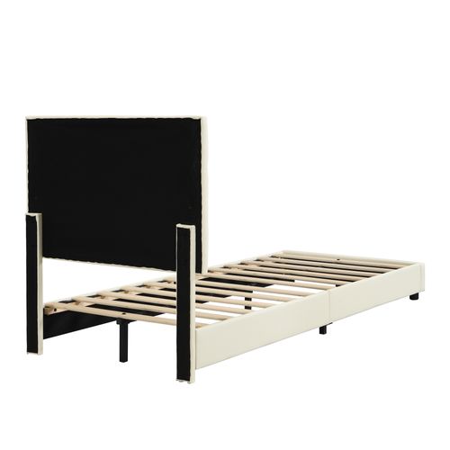 Lit Enfant 90x200 Cm Capitonné Avec Tête Douce Et Bordures Capitonnées, Pu/fer/contreplaqué - Beige