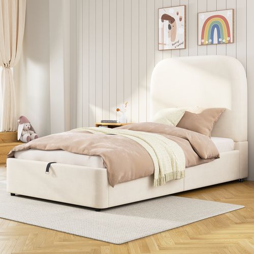 Lit Coffre Simple Enfant 90x200 cm, Tête De Lit Capitonnée Et Rangement Hydraulique, Velours Beige