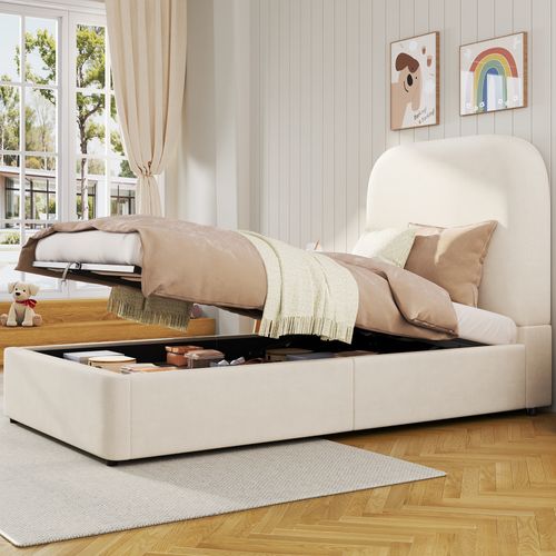 Lit Coffre Simple Enfant 90x200 cm, Tête De Lit Capitonnée Et Rangement Hydraulique, Velours Beige