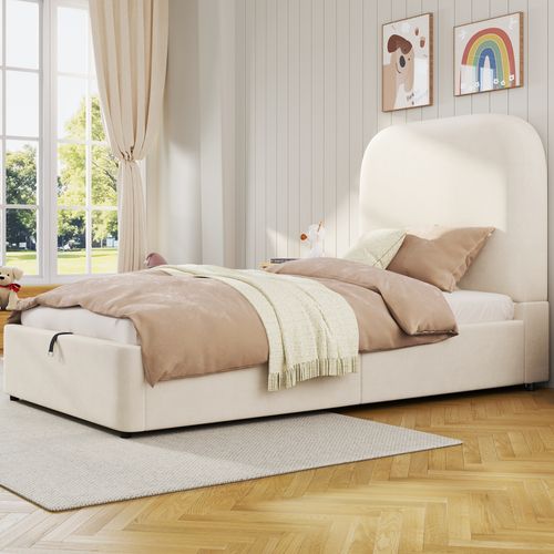 Lit Coffre Simple Enfant 90x200 cm, Tête De Lit Capitonnée Et Rangement Hydraulique, Velours Beige