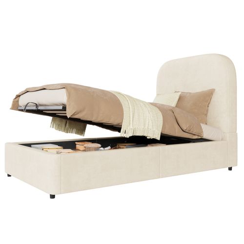 Lit Coffre Simple Enfant 90x200 cm, Tête De Lit Capitonnée Et Rangement Hydraulique, Velours Beige