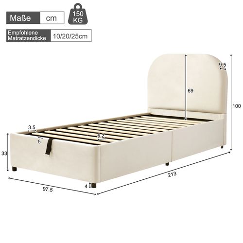 Lit Coffre Simple Enfant 90x200 cm, Tête De Lit Capitonnée Et Rangement Hydraulique, Velours Beige