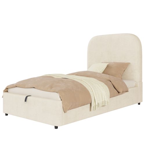Lit Coffre Simple Enfant 90x200 cm, Tête De Lit Capitonnée Et Rangement Hydraulique, Velours Beige