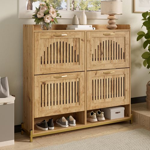 Meuble à Chaussures 4 Portes, Persiennes, Cadre Métal, étagères Intérieures, Bois