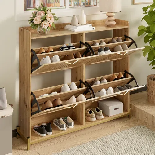 Meuble à Chaussures 4 Portes, Persiennes, Cadre Métal, étagères Intérieures, Bois
