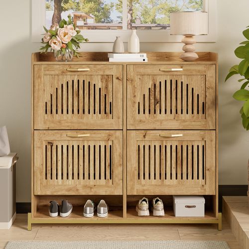 Meuble à Chaussures 4 Portes, Persiennes, Cadre Métal, étagères Intérieures, Bois