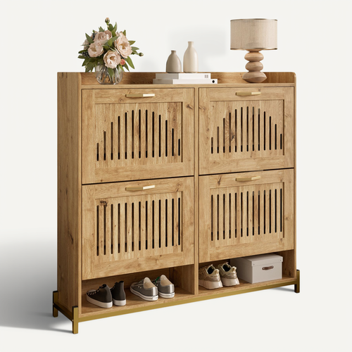 Meuble à Chaussures 4 Portes, Persiennes, Cadre Métal, étagères Intérieures, Bois