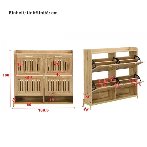 Meuble à Chaussures 4 Portes, Persiennes, Cadre Métal, étagères Intérieures, Bois
