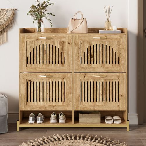 Meuble à Chaussures 4 Portes, Persiennes, Cadre Métal, étagères Intérieures, Bois