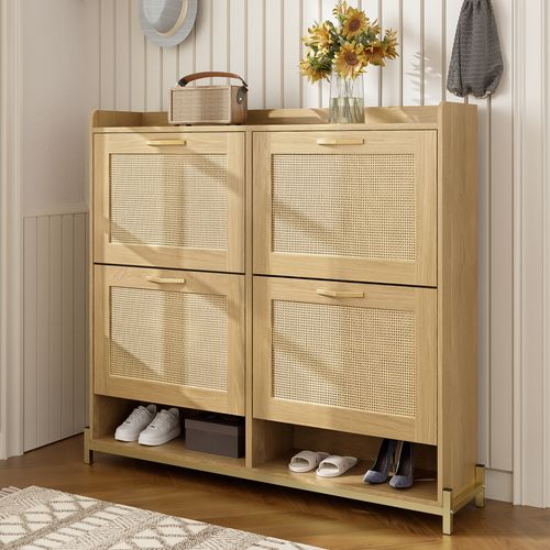 Meuble à Chaussures 4 Portes, Bois Avec Rangement Et Portes Rotin, Style Contemporain, Chêne Clair