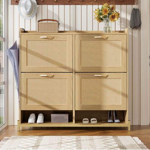 Meuble à Chaussures 4 Portes, Bois Avec Rangement Et Portes Rotin, Style Contemporain, Chêne Clair