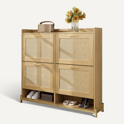 Meuble à Chaussures 4 Portes, Bois Avec Rangement Et Portes Rotin, Style Contemporain, Chêne Clair