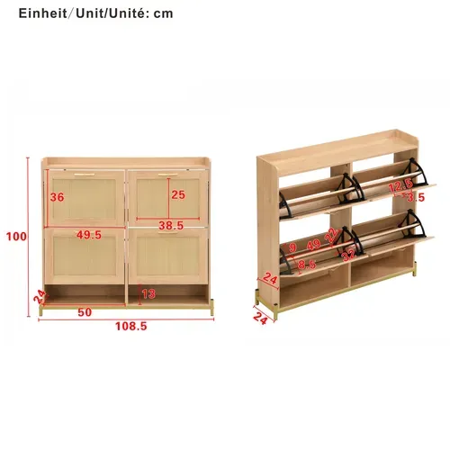 Meuble à Chaussures 4 Portes, Bois Avec Rangement Et Portes Rotin, Style Contemporain, Chêne Clair