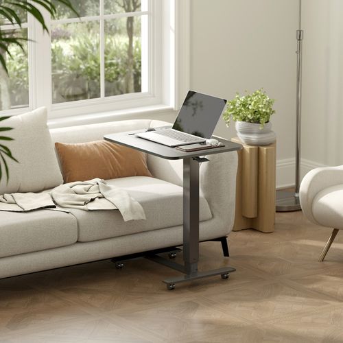 Bureau Mobile Réglable En Hauteur C-type - Meuble Bureau Avec 4 Roulettes, Plateau Bois, Noir