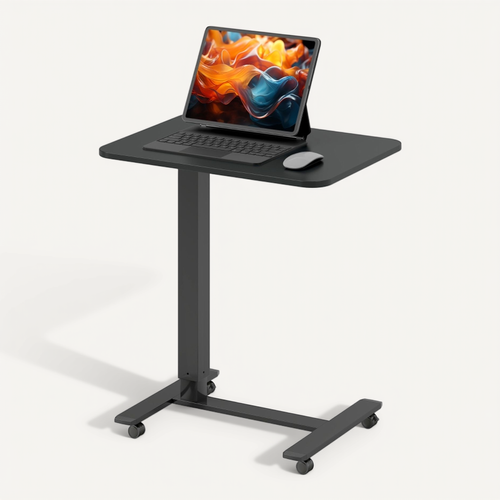 Bureau Mobile Réglable En Hauteur C-type - Meuble Bureau Avec 4 Roulettes, Plateau Bois, Noir