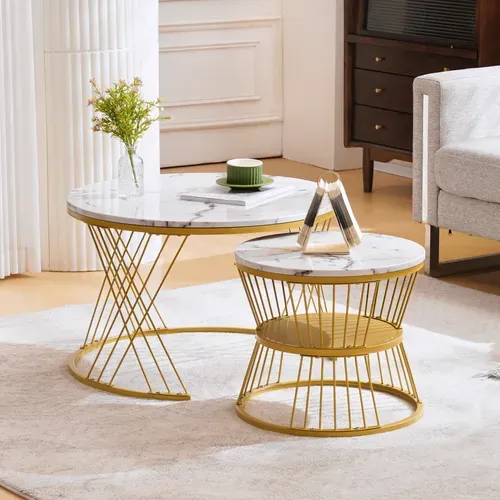 Table Basse Ronde Lot De 2, Avec Plateau Mdf Effet Marbré Et Cadre Métal - Blanc