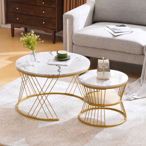 Table Basse Ronde Lot De 2, Avec Plateau Mdf Effet Marbré Et Cadre Métal - Blanc