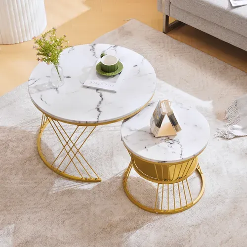 Table Basse Ronde Lot De 2, Avec Plateau Mdf Effet Marbré Et Cadre Métal - Blanc