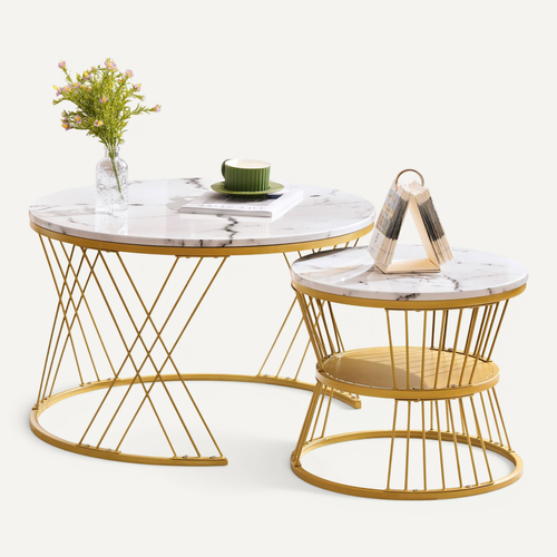 Table Basse Ronde Lot De 2, Avec Plateau Mdf Effet Marbré Et Cadre Métal - Blanc