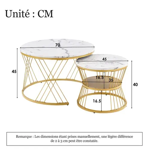 Table Basse Ronde Lot De 2, Avec Plateau Mdf Effet Marbré Et Cadre Métal - Blanc