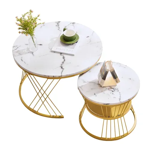 Table Basse Ronde Lot De 2, Avec Plateau Mdf Effet Marbré Et Cadre Métal - Blanc